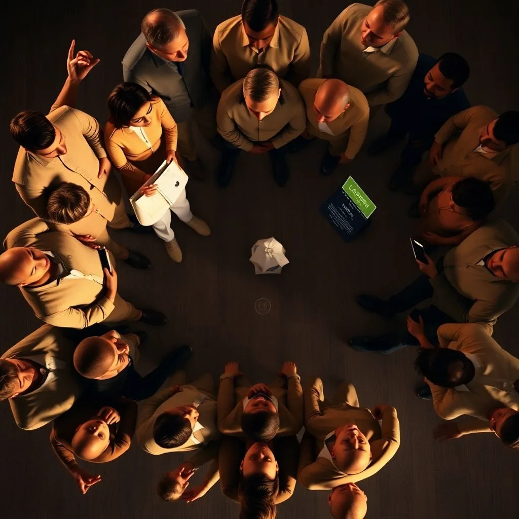 Bird’s-eye view of people standing in a meeting